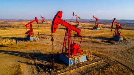 Red oil pumps extracting crude oil in a vast desert landscape at sunset, creating a striking industrial scene that highlights potential environmental impacts and fossil fuel relianceの素材