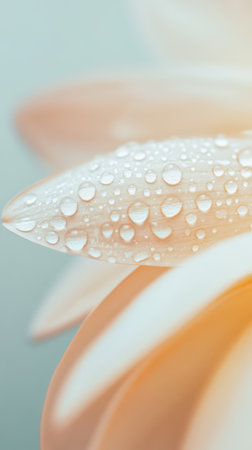 Macro close up of water droplets resting on a peach colored flower petal, glistening in soft light after a refreshing rain, creating a serene and delicate natural sceneの素材