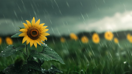 Beautiful sunflower blooming in a field during a heavy rain shower, with water droplets clinging to its petals and leaves, creating a vibrant and refreshing scene of natures resilienceの素材