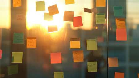 Colorful sticky notes cover a glass window, illuminated by the warm glow of the setting sun. This scene symbolizes multitasking, time management, and the chaos of meeting deadlinesの素材