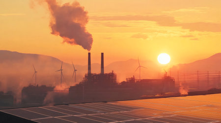 Solar panels in the foreground contrast with wind turbines and a polluting factory against a vibrant sunset, highlighting the tension between renewable energy and industrial emissionsの素材