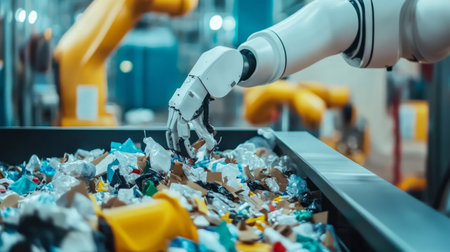 Modern robotic arm sorting different types of garbage in a waste recycling plant, optimizing waste management and promoting environmental sustainabilityの素材