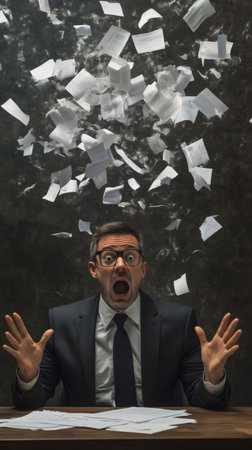 Stressed businessman in a suit, wide eyed and shocked, as a flurry of papers descends around him. The chaos symbolizes multitasking, deadlines, and the pressure of time managementの素材