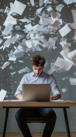 Stressed professional sits at a desk with papers flying around, symbolizing chaos and multitasking. The scene captures the pressure of meeting deadlines and managing time effectivelyの素材