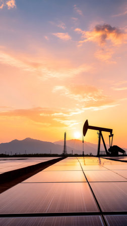 Oil pump stands silhouetted against a vibrant sunset, juxtaposed with a field of solar panels in the foreground, symbolizing the transition from fossil fuels to renewable energy sourcesの素材