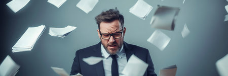 Stressed businessman surrounded by flying papers, symbolizing multitasking, time management struggles, and work related stress. The chaotic scene highlights the pressure of meeting deadlinesの素材
