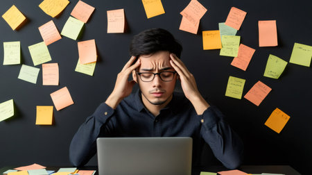 Stressed professional surrounded by colorful sticky notes, working on a laptop. The scene illustrates the chaos of multitasking and time management under tight deadlinesの素材
