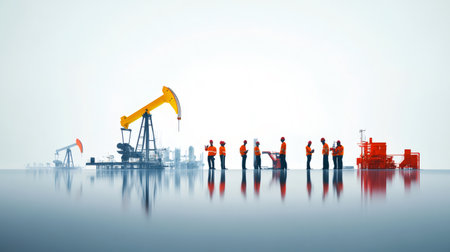 Oil pumps extracting and engineers working near refinery plant reflecting on water surface with city skyline in background symbolizing oil industry, pollution and rising fuel pricesの素材