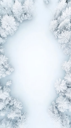 Aerial view of snow covered trees creating a natural frame around a pristine expanse of white snow, offering a serene winter landscape perfect for text or designの素材