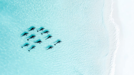 Aerial view of a pod of dolphins swimming in crystal clear turquoise water near a pristine white sand beach, creating a breathtaking scene of marine wildlife in a tropical paradiseの素材