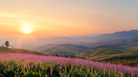 Warm sunrise glow painting the sky in vibrant hues, illuminating a picturesque landscape of rolling hills, blooming lavender fields, and a distant village nestled in the valleysの素材