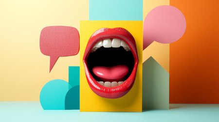 Open mouth with red lipstick displaying white teeth and tongue, screaming against a vibrant pop art background filled with speech bubbles, representing communication and self expressionの素材