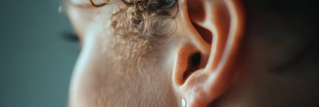 Close up capturing a young womans ear adorned with a small earring, showcasing intricate details of the ear, surrounding skin, and soft hair for a striking visual impactの素材