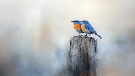 Two vibrant bluebirds are perched on a weathered wooden post, their blue and orange plumage contrasting against the soft, hazy background, creating a serene and picturesque nature sceneの素材
