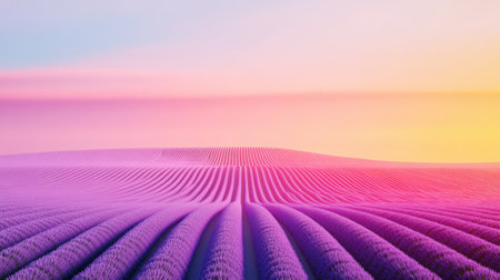 Rows of vibrant lavender plants create a mesmerizing landscape of rolling hills, bathed in the soft glow of a pastel colored sunset sky, offering a serene and picturesque viewの素材