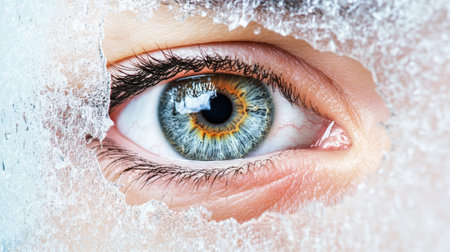 Close up of an eye looking through melting ice, revealing a captivating iris and pupil, symbolizing concepts of vision, cosmetology, and surgeryの素材