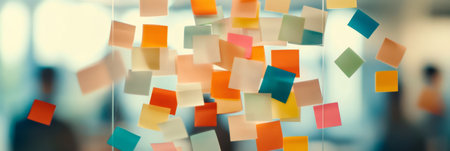 Vibrant sticky notes scattered in the air symbolize the chaos of multitasking, time management, and stress in a busy work environment. The scene reflects the pressure of meeting deadlinesの素材