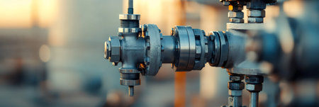 Close up of pipeline valve regulating oil flow in a refinery plant at sunset, showcasing industrial machinery and processes related to energy production and distributionの素材