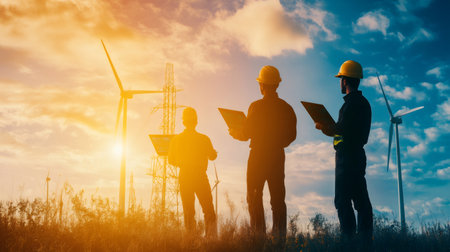 Three engineers with laptops and helmets are analyzing data from wind turbines in a field at sunset, symbolizing the transition to renewable energy sourcesの素材