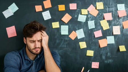 Stressed professional sitting with hand on head in front of a chalkboard covered in colorful sticky notes, representing multitasking, time management, and chaotic work deadlinesの素材