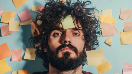 Young man lies amidst a chaotic array of colorful sticky notes, symbolizing the stress and pressure of multitasking and managing tight deadlines in a fast paced work environmentの素材