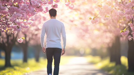 Young man enjoying a peaceful walk through a vibrant park filled with blooming cherry blossom trees during a beautiful spring morning, embracing the serene atmosphere of natureの素材