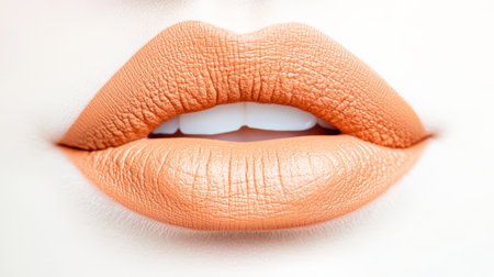 Displaying a perfect smile with bright white teeth, orange matte lipstick accentuates lip augmentation and highlights cosmetology treatments for an alluring beauty lookの素材