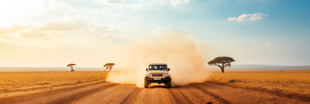 Tourists driving an off road vehicle along a dusty road at sunset, soaking in the beauty of the savannah while enjoying an unforgettable safari adventure in the african wildernessの素材