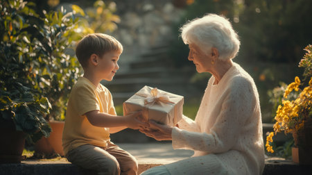 Happy grandson giving a wrapped gift to his grandmother while sitting together in a sunlit garden, celebrating mothers day with love and appreciationの素材