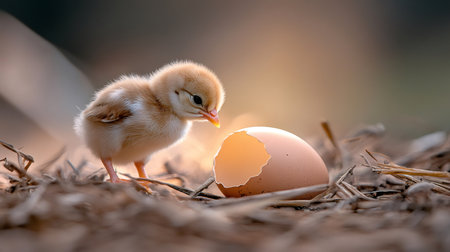 Fluffy baby chick stands near a broken eggshell in a chicken coop, illuminated by the warm glow of the setting sun, symbolizing new life and organic farming practicesの素材