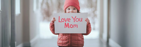 Cute little daughter surprising her mom with a heartfelt love you mom sign for mothers day, capturing the essence of affection and gratitude in a joyful momentの素材