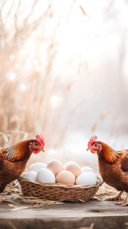 Two brown hens standing by a wicker basket full of fresh organic free range eggs in a chicken coop, representing local farming, sustainable agriculture, and healthy food productionの素材