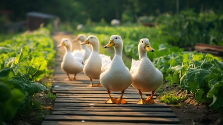 Five white ducks walking along a wooden path in a vibrant vegetable garden, basking in the warm sunlight and enjoying the fresh air on a beautiful summer dayの素材