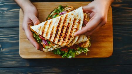 Two hands lifting a grilled tortilla filled with chicken, vegetables, and sauce, ready to be enjoyed at a vibrant summer street food market, offering a delicious and convenient mealの素材