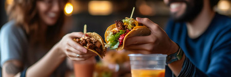 Cheerful man and woman are holding delicious tacos and toasting at a vibrant outdoor food market, enjoying the lively atmosphere and tasty street food during a summer festivalの素材