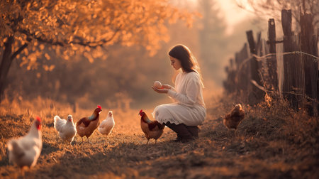 At sunset, a farmer woman is crouching, holding a fresh egg near her chickens in a field next to a wooden fence, creating a charming rural sceneの素材