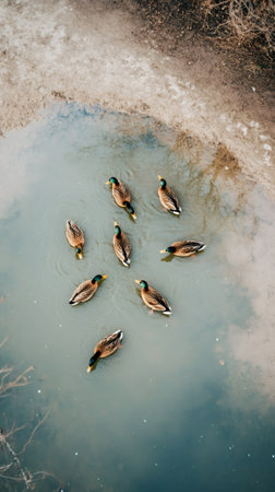 Eight mallard ducks swimming together in a tranquil pond, creating gentle ripples on the surface, captured from an aerial perspective that highlights their vibrant plumage and serene environmentの素材