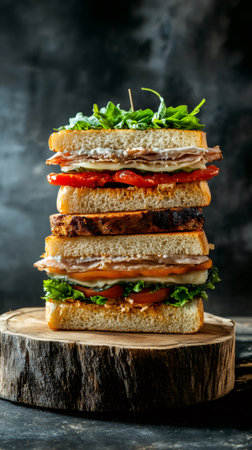 Four stacked sandwich halves, filled with ham, cheese, lettuce, tomato, and rocket, create a visually appealing tower on a rustic wooden stand, ready to be enjoyed as a satisfying mealの素材