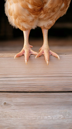 Buff orpington hen standing on wooden boards inside a chicken coop, showcasing its claws and legs in detail, representing organic farming and backyard chicken keepingの素材
