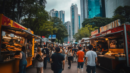 Tourists and citizens walking and buying street food in a crowded outdoor market with food trucks and skyscrapers in the background, enjoying urban vibes and delicious mealsの素材