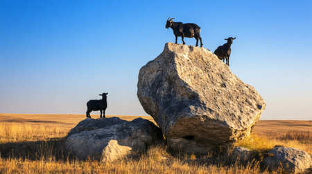 Two black goats standing proudly on a large rock, while a black sheep perched on a smaller rock, all set in a dry, grassy field beneath a clear blue skyの素材