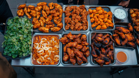 Metal trays overflowing with fried chicken wings, nuggets, onion rings, and fresh greens line a food truck counter at a lively summer market, enticing festival goers with delicious street foodの素材