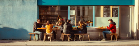 Young people gathering outside a trendy cafe, enjoying delicious street food and socializing on a sunny day, creating a vibrant urban scene filled with laughter and connectionの素材