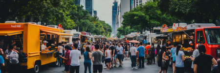People are buying and eating street food from colorful food trucks at an outdoor summer market, creating a vibrant festival atmosphere in a city settingの素材