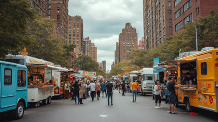 Colorful food trucks lining a city street during a summer market. Creating a vibrant scene of urban picnicking and outdoor eating. With people strolling and enjoying street food amidst festival vibesの素材