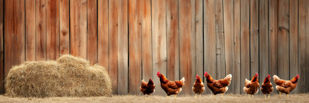 Seven brown chickens standing in line in front of a wooden barn and a hay bale, enjoying the sunny day on a farm, creating an idyllic rural sceneの素材