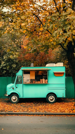 Vibrant turquoise food truck parked under colorful autumn trees, providing a unique dining experience at a summer market with warm, inviting outdoor vibesの素材