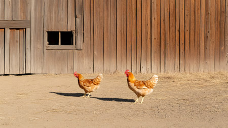 Two brown chickens walking near a weathered wooden barn on a sunny day, creating a charming and peaceful rural scene filled with rustic charm and natural beautyの素材