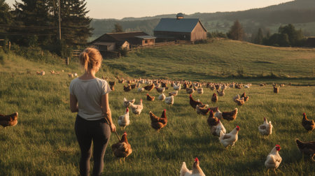 Young female farmer carrying a basket and walking through a field of free range chickens at sunset on a sustainable farm, promoting organic farming and ethical animal husbandry practicesの素材