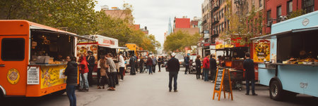 Customers buying street food in a colorful and vibrant outdoor market with food trucks offering diverse culinary experiences in a bustling urban settingの素材